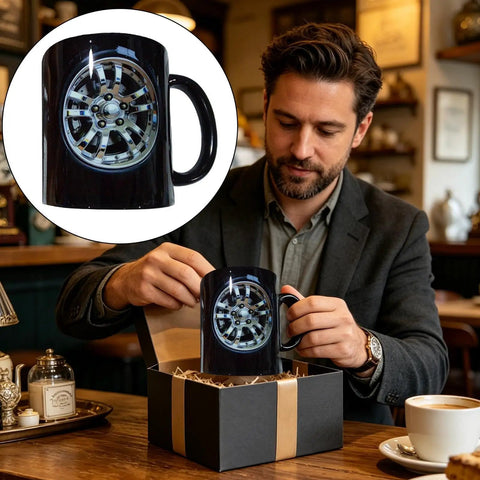 Solid Build Ceramic Coffee Mug, Hella Durable Sipper For Hot Or Cold Drinks, man unboxing mug with car wheel design
