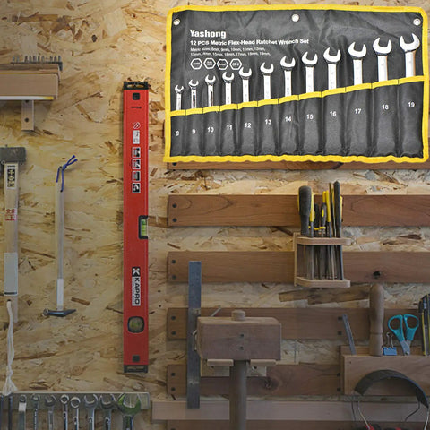 Stubby 12 Piece Metric Ratcheting Wrench Set With 8 To 19mm Sizes Pro Grade Chrome Vanadium Steel Wrenches on workshop wall
