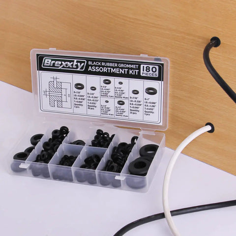 180 Pcs Rubber Grommets Kit In Eight Sizes For DIY Auto Wiring, box with compartments and assorted grommets visible