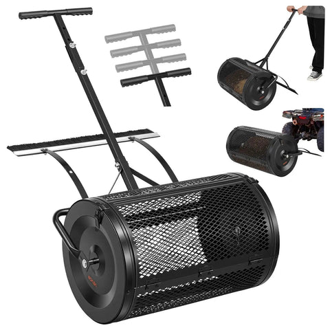 Walk Behind Or Towable Compost Spreader With 24 Inch Spreading Width Four Height Adjustable Push And Tow Handle Powder Coated Steel Drum