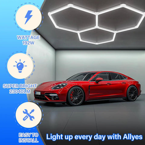 Hexagon Garage LED Lights 3 Pack 128W 17280LM Color Temperature Adjustable 6500K 4500K 3000K Ceiling Lights installed in garage
