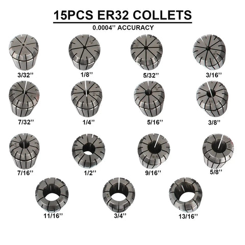 R8 Collet Set With 15 ER32 Collets And Holder Kit showing 15 collet sizes from 3/32'' to 13/16'' with high precision accuracy
