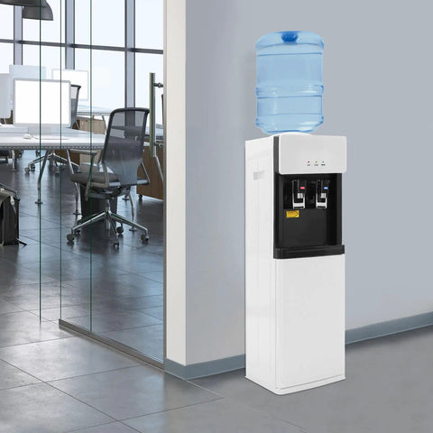 Standing Hot And Cold Water Cooler Dispenser With Top Loading On Demand 5 Gallon Bottle Compatible in office setting