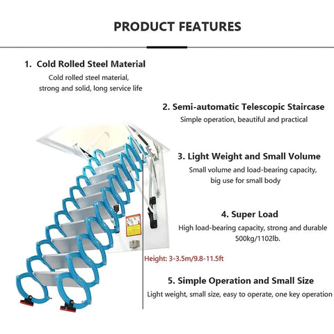 Game Changer Electric Attic Ladder Pull Down Design With Comfort Grip Armrests For Effortless Ceiling Access Built From Heavy Duty Titanium Alloy For Rock Solid Daily Use And Super Easy Setup shown with cold rolled steel material and semi-automatic design.