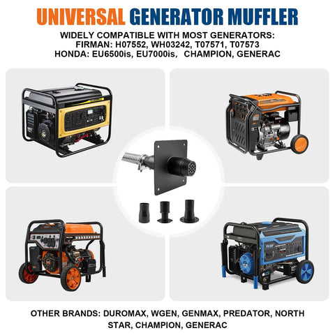 Ultra Quiet Generator Exhaust Silencer Extension Kit With Three Fitting Adapters And Insulated Wall Mount Plate, showing various generator models.