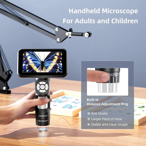 Handheld Digital Microscope With Flexible Boom Arm For Soldering And Electronics, 5 Inch Screen, person holding microscope