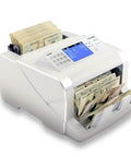 Fast Mixed Currency Money Counter That Handles US Dollars Euros Canadian Dollars British Pounds And Mexican Pesos With Quick Counting And 5 Point Counterfeit Detection UV MG IR DD MT DBL HLF CHN S6500 in use counting bills with display screen.