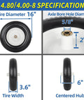 Solid Wheelbarrow Tire 16 Inch 4.80 4.00 8 Flat Free Wheel And Tire specifications, 5/8 inch axle bore, 6 inch centered hub.