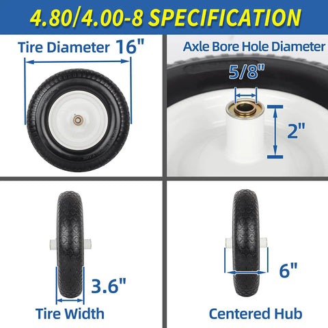 Solid Wheelbarrow Tire 16 Inch 4.80 4.00 8 Flat Free Wheel And Tire specifications, 5/8 inch axle bore, 6 inch centered hub.