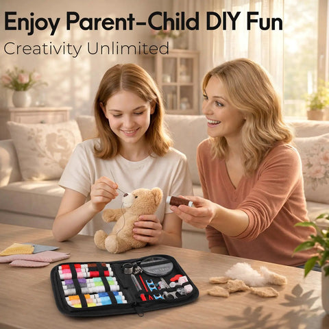 Mother and daughter using Travel Friendly Portable Sewing Kit With All The Essentials Thread Needles Scissors And Basic Tools Perfect Mothers Day Gift For Mom Grandma Wife Or Teen Girl Beginners Friendly And Dorm Room Ready Black to sew toy