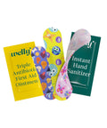 Grab Your Essentials And Keep It Solid With This Portable First Aid Kit Loaded With Flex Fabric Bandages Triple Antibiotic Ointment Wipes And Sturdy Metal Case For Hassle Free Quick Fixes On The Fly: colorful bandages and ointment packets.