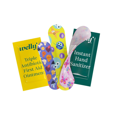 Grab Your Essentials And Keep It Solid With This Portable First Aid Kit Loaded With Flex Fabric Bandages Triple Antibiotic Ointment Wipes And Sturdy Metal Case For Hassle Free Quick Fixes On The Fly: colorful bandages and ointment packets.