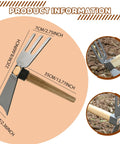 2 In 1 Digging Hoe And 3 Prong Fork All In One Garden Tool With Wooden Handle Carbon Steel Blade Head For Weeding And Soil Loosening Easy Yard Work With Durable Comfortable Grip shown with dimensions and details.