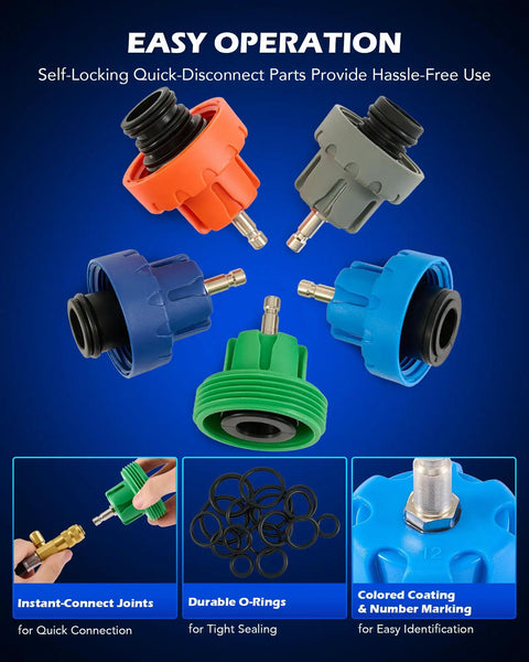 Self-locking quick-disconnect parts from Boss Grade 34 Piece Coolant Vacuum Refill And Pressure Diagnostic Tester Kit.