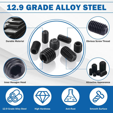 Massive 500 Piece Metric Set Screw Kit With 13 Sizes M3 M4 M5 M6 M8 Allen Head Hex Socket Grub Screws In Black Alloy Steel For Bathroom Fixtures Includes 5 Wrenches And 1 Tweezer Rust Resistant Precision Threads showcasing screws and features.
