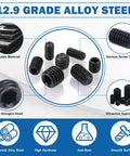 Hella Durable 1130 Piece Set Screw Assortment Kit Forged From Grade 12.9 Alloy Steel For Heavy Auto Shop Jobs With 32 Metric And SAE Sizes Giving Rock Solid Grip Daily featuring assorted black alloy screws with hex heads.