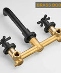 Two Handle Wall Mount Bathroom Faucet With Stream And Spray 8 Inch Center 360 Degree Rotating Spout Matte Black Brass Finish