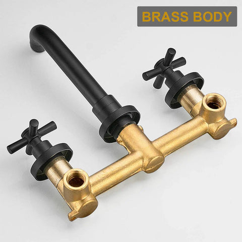 Two Handle Wall Mount Bathroom Faucet With Stream And Spray 8 Inch Center 360 Degree Rotating Spout Matte Black Brass Finish