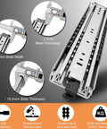 Detachable Built Tough Industrial Grade Heavy Duty Drawer Slide With Lock, 28 inch, full extension, showing dimensions and materials