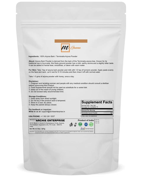 Back view of a 227g jar of One Hundred Percent Natural Arjuna Powder For Heart Health And Skin Care Half Pound 227 Gram Jar Antioxidant Rich Terminalia Arjuna For DIY Face Masks And Wellness