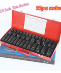 Grease Monkey Approved 35 Piece Half Inch Drive Metric Socket Wrench Set With Pegboard Organizer Tray And Essential Hand Tools For Quick Diagnostics And Tuning Jobs, showing 35 black sockets in red case.