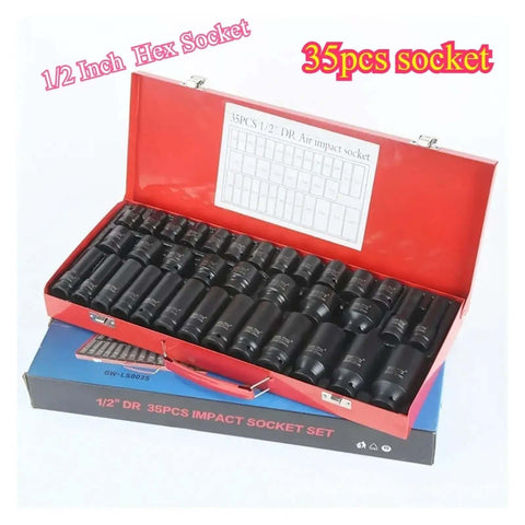 Grease Monkey Approved 35 Piece Half Inch Drive Metric Socket Wrench Set With Pegboard Organizer Tray And Essential Hand Tools For Quick Diagnostics And Tuning Jobs, showing 35 black sockets in red case.
