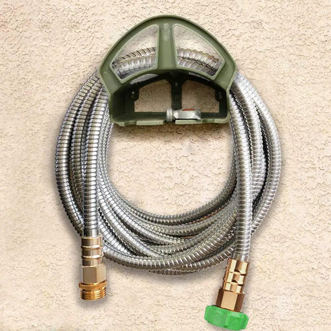 Heavy Duty 304 Stainless Steel Garden Hose Extension 100 Feet With Brass Nozzle on wall mount