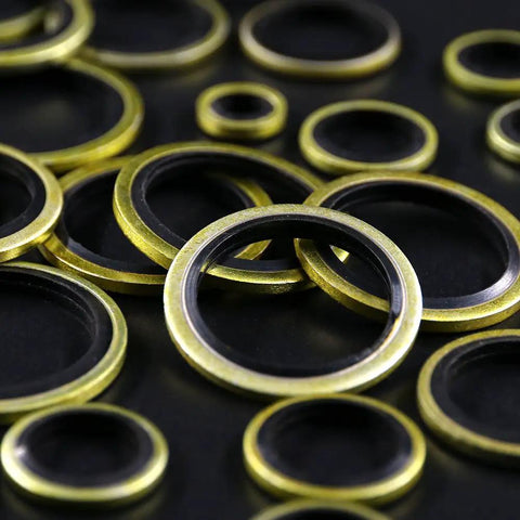 Close-up of Heavy Duty Dowty Bonded Seal Washer Set For Metric M6 To M24 180-Piece Kit on black background