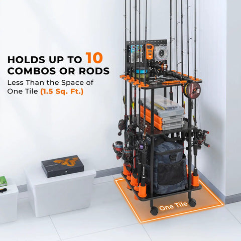 Indoor Fishing Rod Holder Trolley With 3 Tier Shelves And Peg Wall, Built In Line Spooler, Locking Wheels, Mobile Tackle Storage Cart