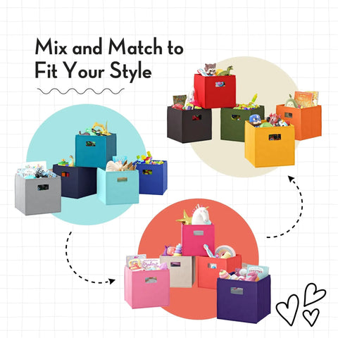 Colorful storage bins mix and match style, featuring nonwoven fabric cubes with handles for toy and clutter organization.