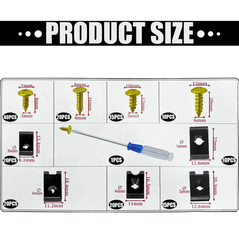 170 Piece Car Trim Fastener Kit Featuring Beefed Up U Clips And Phillips Screws Auto Body Panel Repair For Bumpers Doors Skirts Hoods Rig Ready Straight Fix Hella Durable All Year Round Coverage product size chart with screws and clips dimensions