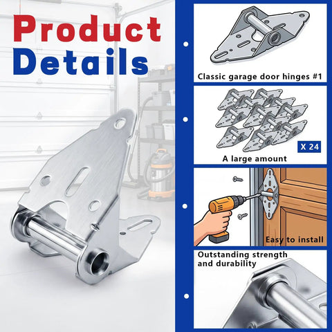 24 Piece Heavy Duty Garage Door Hinges Set Designed For Residential And Light Commercial Gates, 14 Gauge Galvanized Steel Hardware With Easy Install, No 1 Replacement Hinges, Durable Corrosion Resistant. 24-piece galvanized hinge set
