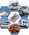 Image of Rugged 12 Way 12V Fuse Box With LED Indicator Waterproof Cover And Ground Bus shown with various vehicles: coach, car, ship, yacht, SUV, and RVs.