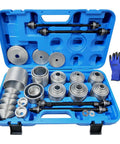 50 Piece Universal Pull And Press Sleeve Kit For Bearings Seals And Bushings Removal And Installation In Cars And Light Trucks With 5 Pulling Spindles Gloves And Tool Box open case showing sleeves and tools