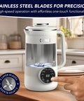 8 In 1 Nut Milk Maker Blender 32oz Capacity For Creamy Soy Almond Oat Coconut And Plant Based Non Dairy Beverages With Delay Start And Keep Warm For Easy Homemade Milks showing stainless steel blades and digital display.
