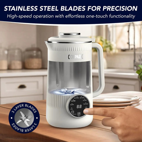 8 In 1 Nut Milk Maker Blender 32oz Capacity For Creamy Soy Almond Oat Coconut And Plant Based Non Dairy Beverages With Delay Start And Keep Warm For Easy Homemade Milks showing stainless steel blades and digital display.