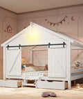 Kid Approved Full Size Floor Bed Frame With Sliding Barn Door And Built In Soft Glow Light. White house-shaped toddler bed.