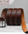 Mens Genuine Leather Belt Dress Casual Golf Jeans One And Three Eighths Inch Width Coffee Color Adjustable 42 44 Waist Durable Everyday Wear Belt For Work And Formal Outfits on display with zinc buckle