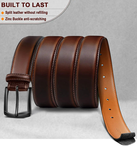Mens Genuine Leather Belt Dress Casual Golf Jeans One And Three Eighths Inch Width Coffee Color Adjustable 42 44 Waist Durable Everyday Wear Belt For Work And Formal Outfits on display with zinc buckle