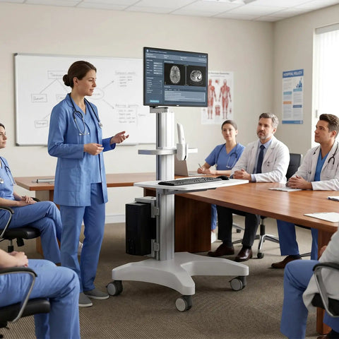 Adjustable Height Rolling Standing Desk With Rock Solid Monitor Mount And Smooth Keyboard Tray in a medical meeting room.