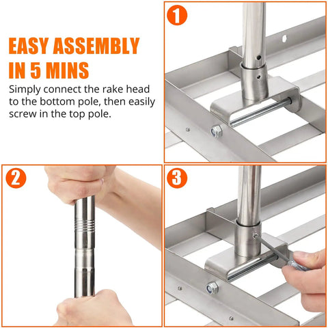 Easy assembly steps for 30 By 10 Inch Stainless Steel Lawn Leveling Rake With 6-Foot Extra Long Handle, 180 Degree Rotation