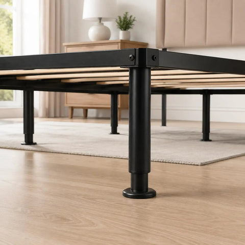 Heavy Duty Adjustable Bed Frame Support Legs 7 To 12 Inch Set All Metal With Enlarged Non Slip Rubber Bases on wooden floor