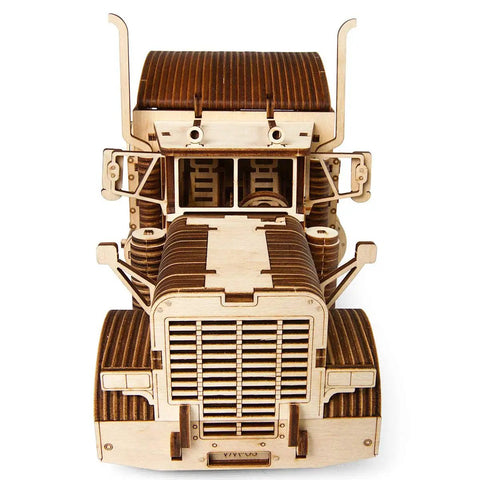 Mechanical 3D Wooden Puzzle Heavy Boy Truck VM-03 Model Kit For Adults And Teens, front view of laser-cut plywood truck model