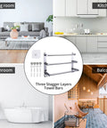 Retractable 17 To 31 Inch Towel Rack With Hooks Three Tier Wall Mount Shelf Bar In SUS304 Stainless Steel, living room, bathroom, kitchen, balcony.