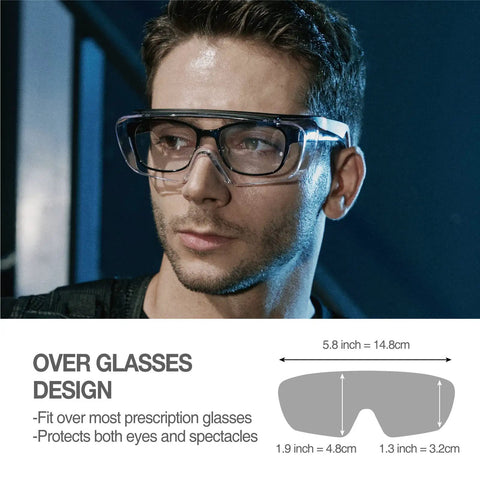 Man wearing OTG Safety Glasses Over Glasses With Dual Anti Fog Coating And UV Protection, Scratch Resistant Z87.1 Certified PPE Eyewear