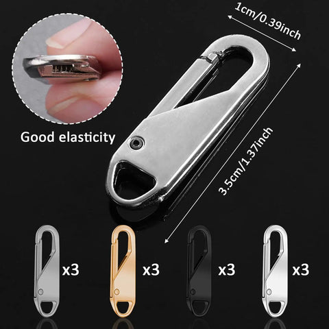 Close-up of 12 Pack Detachable Zipper Pull Heads Repair Kit Universal Zipper Slider Replacement For Jackets Bags Backpacks.