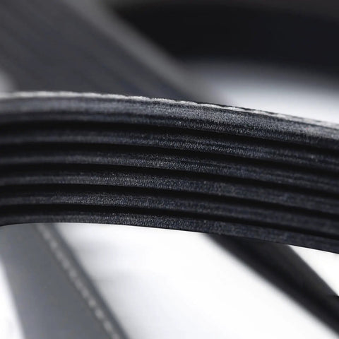 Close-up of 420J6 PJ V Ribbed Belt with 6 ribs, showing EPDM rubber texture, 42 inch long, 0.55 inch wide, used in power equipment.
