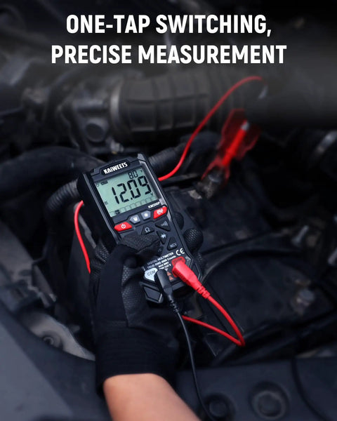 KM200P Digital Multimeter With All Button Operation TRMS Auto Ranging 4000 Counts NCV Detection in use under car hood