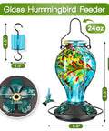 Hand Blown Glass Hummingbird Feeder For Outdoors Hanging 24oz Nectar Bottle With Ant Moat Perch Bee Resistant Ports