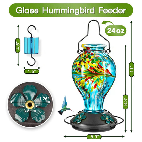 Hand Blown Glass Hummingbird Feeder For Outdoors Hanging 24oz Nectar Bottle With Ant Moat Perch Bee Resistant Ports